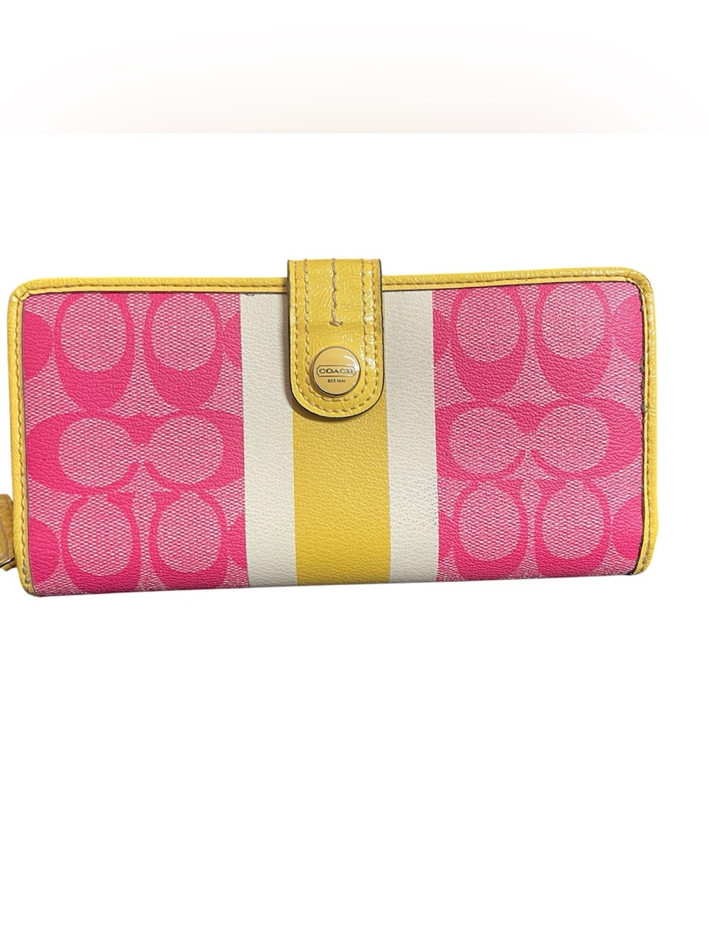 Coach Signature Pink Heritage White Yellow Stripe Accordion Wallet